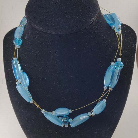 Gold-tone Wire Multi-Row Illusion Blue Beads Necklace, matching Earrings 18+2.5" - Picture 7 of 8